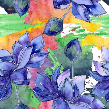 Mavi lotus çiçek botanik çiçekler. Suluboya arka plan illüstrasyon seti. Kesintisiz arka plan deseni.