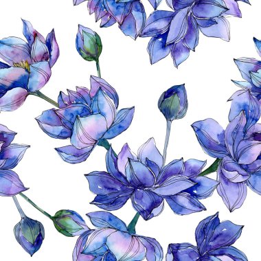 Mavi lotus çiçek botanik çiçekler. Suluboya arka plan illüstrasyon seti. Kesintisiz arka plan deseni.