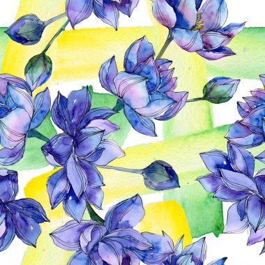 Mavi lotus çiçek botanik çiçekler. Suluboya arka plan illüstrasyon seti. Kesintisiz arka plan deseni.