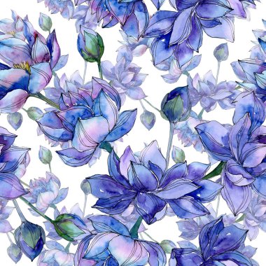 Mavi lotus çiçek botanik çiçekler. Suluboya arka plan illüstrasyon seti. Kesintisiz arka plan deseni.
