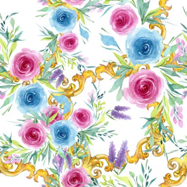 Şakayık çiçekbotanik çiçekleri. Suluboya arka plan illüstrasyon seti. Kesintisiz arka plan deseni.