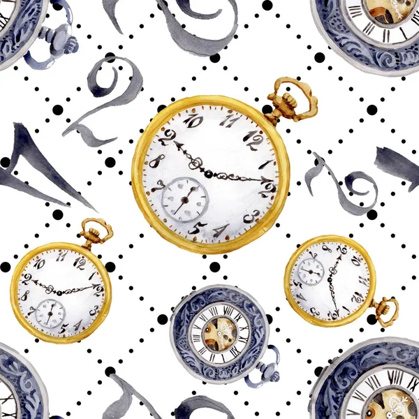 ヴィンテージ古い時計の懐中時計。●水彩背景イラストセット。シームレスな背景パターン. — ストック写真