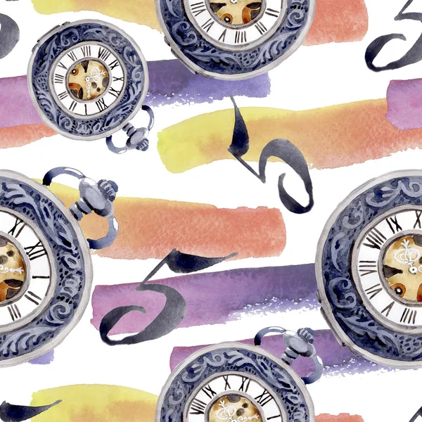 Vintage orologio da tasca vecchio orologio. Acquerello sfondo illustrazione set. Modello di sfondo senza soluzione di continuità . — Foto Stock