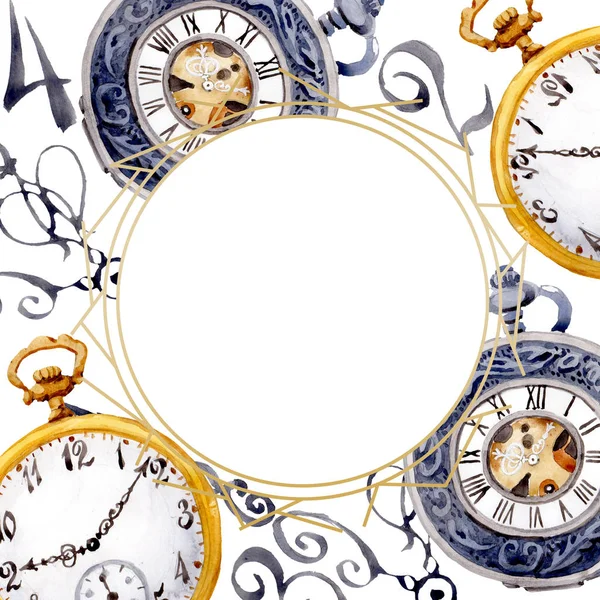 Vintage stary zegarek kieszonkowy zegar. Akwarela zestaw ilustracji tła. Obramowanie ramy ornament kwadrat. — Zdjęcie stockowe