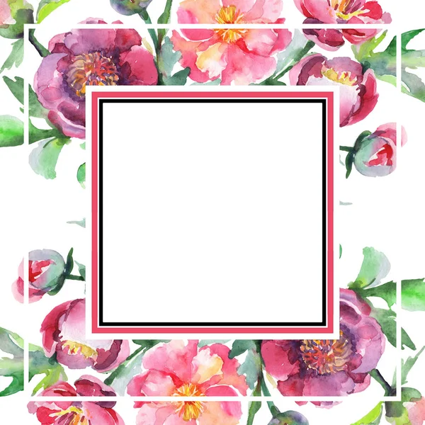 Pion bukett blommiga botaniska blommor. Akvarell bakgrund illustration uppsättning. Ram kant prydnad kvadrat. — Stockfoto