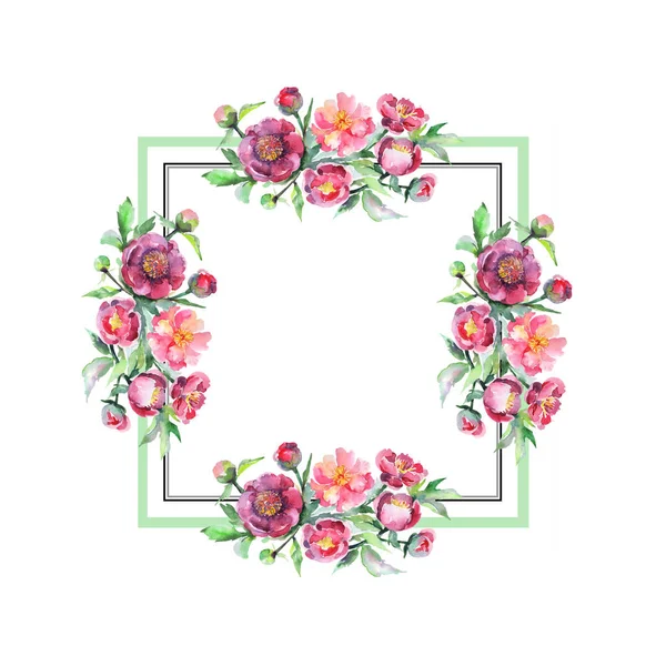Bouquet pivoine fleurs botaniques florales. Ensemble d'illustration de fond aquarelle. Cadre bordure ornement carré . — Photo