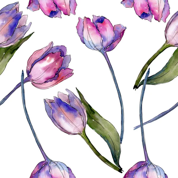 Purple tulip floral botanical flowers. Watercolor background illustration set. Seamless background pattern. — Stock Photo, Image