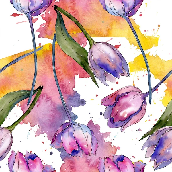 Tulipán púrpura flores botánicas florales. Conjunto de ilustración de fondo acuarela. Patrón de fondo sin costuras . — Foto de Stock