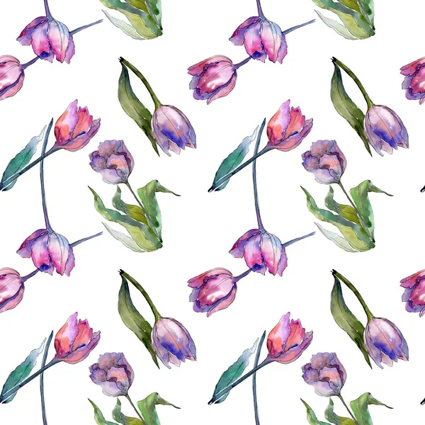 Paarse Tulip Floral botanische bloemen. Aquarel achtergrond illustratie instellen. Naadloos achtergrond patroon. — Stockfoto