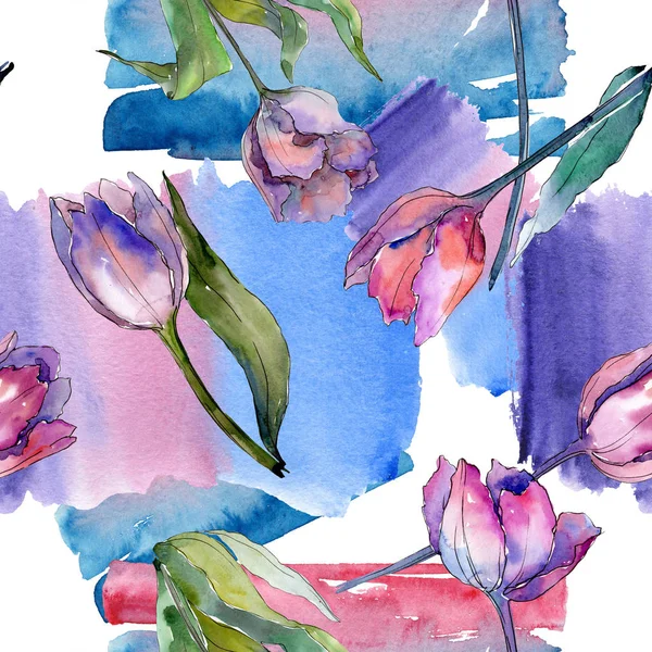 紫色郁金香花卉植物花。水彩背景插图集。无缝背景模式. — 图库照片