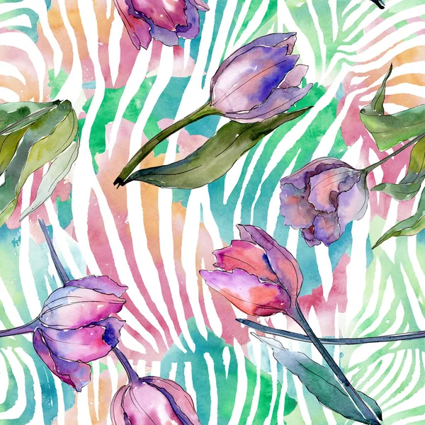 Purple tulip floral botanical flowers. Watercolor background illustration set. Seamless background pattern. — Stock Photo, Image