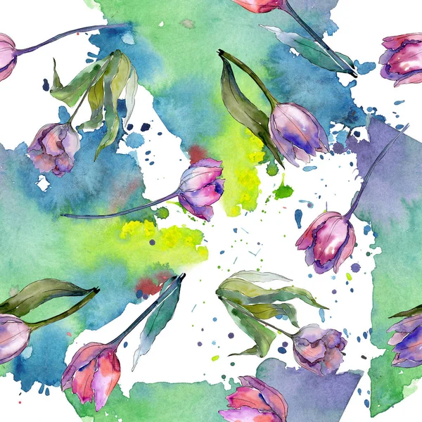 보라색 튤립 꽃 식물 꽃입니다. 수채화 배경 일러스트 세트입니다. 원활한 배경 패턴. — 스톡 사진
