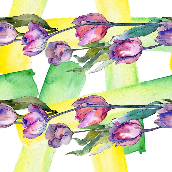 Purple tulip floral botanical flowers. Watercolor background illustration set. Seamless background pattern. — Stock Photo, Image