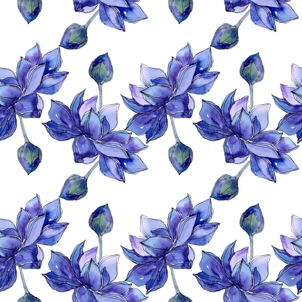 Flores botánicas de loto azul. Conjunto de ilustración de fondo acuarela. Patrón de fondo sin costuras . — Foto de Stock