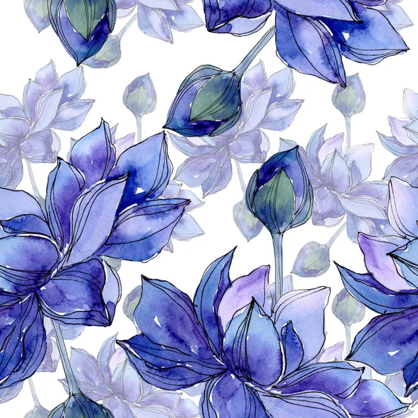 Flores botánicas de loto azul. Conjunto de ilustración de fondo acuarela. Patrón de fondo sin costuras . — Foto de Stock