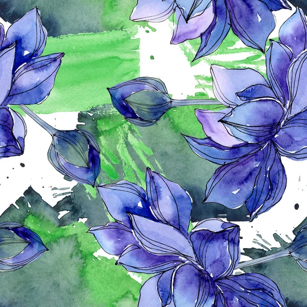 Blue lotus floral botanical flowers. Watercolor background illustration set. Seamless background pattern.