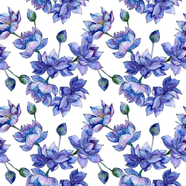 Flores botánicas de loto azul. Conjunto de ilustración de fondo acuarela. Patrón de fondo sin costuras . —  Fotos de Stock