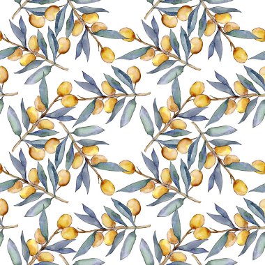 Yeşil meyveli zeytin dalı. Suluboya arka plan illüstrasyon seti. Kesintisiz arka plan deseni.