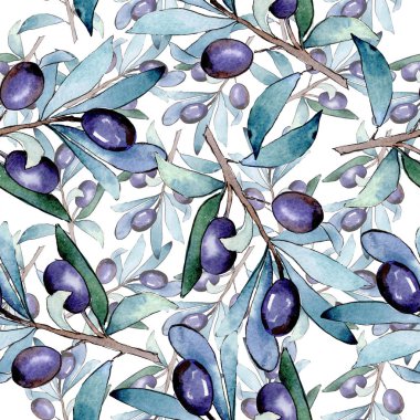 Siyah meyveli zeytin dalı. Suluboya arka plan illüstrasyon seti. Kesintisiz arka plan deseni.