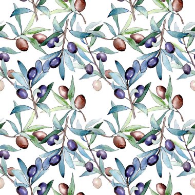 Siyah meyveli zeytin dalı. Suluboya arka plan illüstrasyon seti. Kesintisiz arka plan deseni.