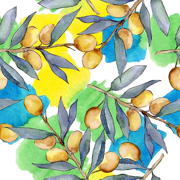 Rama de olivo con fruta verde. Conjunto de ilustración de fondo acuarela. Patrón de fondo sin costuras . — Foto de Stock