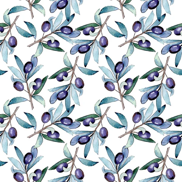 Siyah meyveli zeytin dalı. Suluboya arka plan illüstrasyon seti. Kesintisiz arka plan deseni.