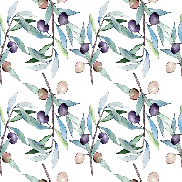 Siyah meyveli zeytin dalı. Suluboya arka plan illüstrasyon seti. Kesintisiz arka plan deseni.