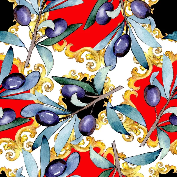 橄榄枝与黑色水果。水彩背景插图集。无缝背景模式. — 图库照片