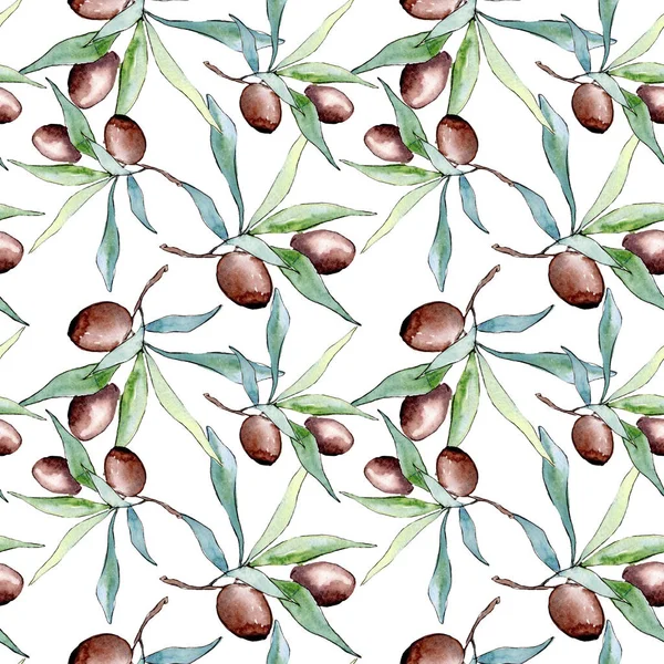 Siyah meyveli zeytin dalı. Suluboya arka plan illüstrasyon seti. Kesintisiz arka plan deseni.