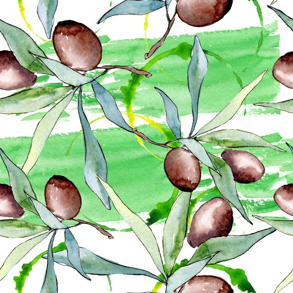 Branche d'olivier aux fruits noirs. Ensemble d'illustration de fond aquarelle. Modèle de fond sans couture . — Photo