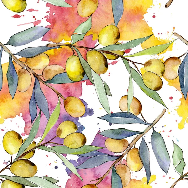 Olive branch with green fruit. Watercolor background illustration set. Seamless background pattern. — Stock Photo, Image