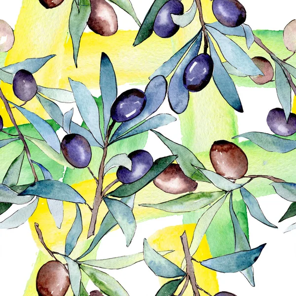 Rama de olivo con fruta negra. Conjunto de ilustración de fondo acuarela. Patrón de fondo sin costuras . — Foto de Stock