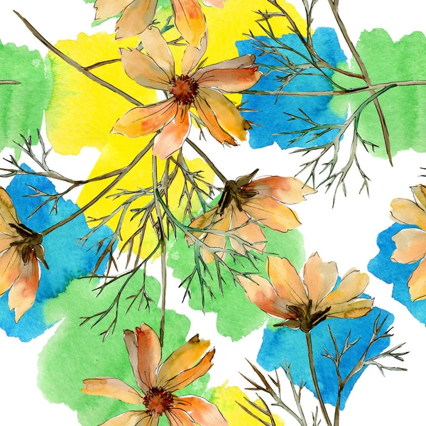 Cosmos flores flores botánicas florales. Conjunto de ilustración de fondo acuarela. Patrón de fondo sin costuras . — Foto de Stock