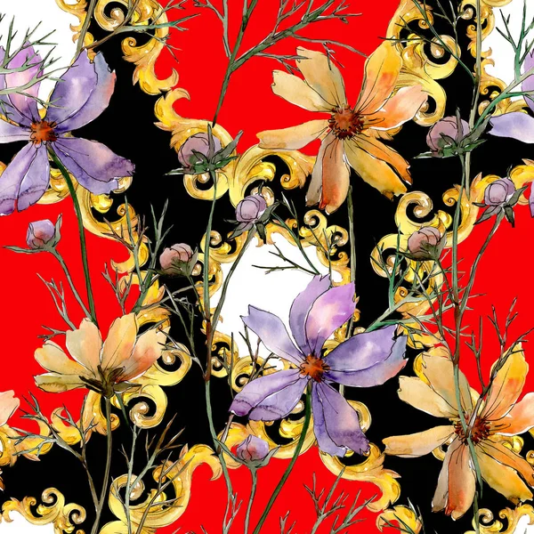 Fiore del cosmo fiori botanici floreali. Acquerello sfondo illustrazione set. Modello di sfondo senza soluzione di continuità . — Foto Stock