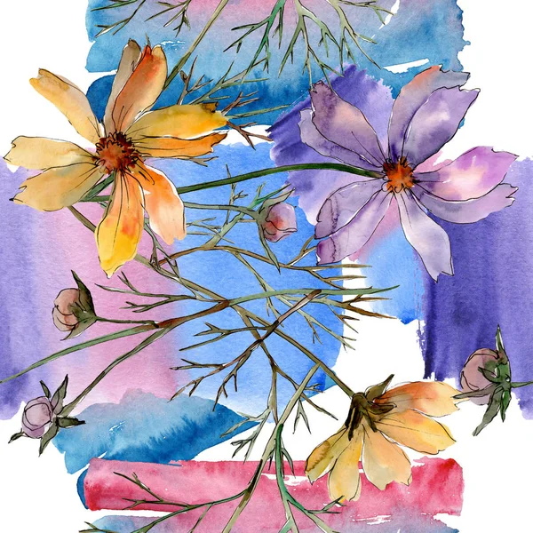 Cosmos flower floral botanical flowers. Watercolor background illustration set. Seamless background pattern.