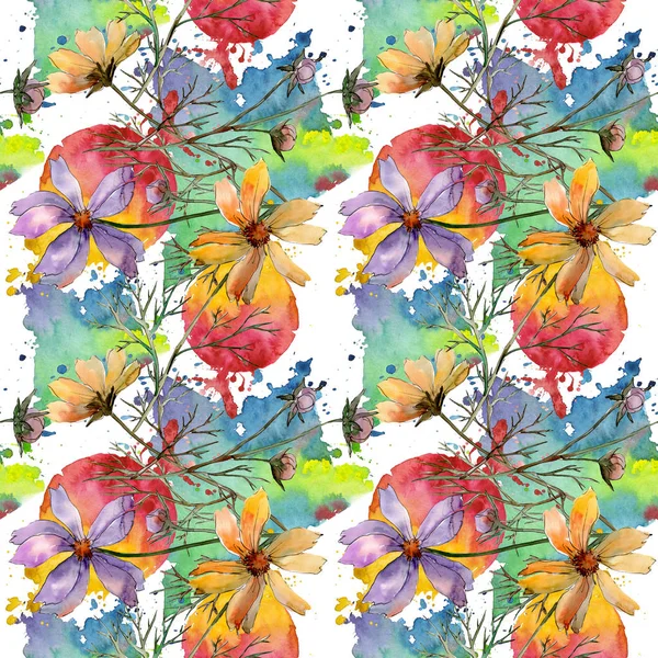 コスモス花花植物の花。●水彩背景イラストセット。シームレスな背景パターン. — ストック写真