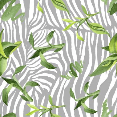 Bambu yeşil yaprakları. Suluboya arka plan illüstrasyon seti. Kesintisiz arka plan deseni.