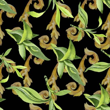 Bambu yeşil yaprakları. Suluboya arka plan illüstrasyon seti. Kesintisiz arka plan deseni.