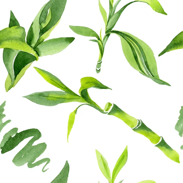Folhas verdes de bambu. Conjunto de ilustração de fundo aquarela. Padrão de fundo sem costura . — Fotografia de Stock