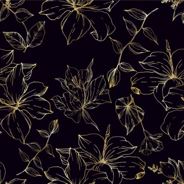 Vektör Tropikal çiçekler ve izole yaprakları. Siyah ve beyaz oyulmuş mürekkep sanatı. Kesintisiz arka plan deseni.