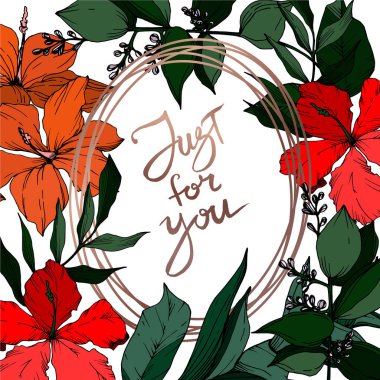 Vektör Tropikal çiçekler ve izole yaprakları. Siyah ve beyaz oyulmuş mürekkep sanatı. Çerçeve kenarlık süs karesi.