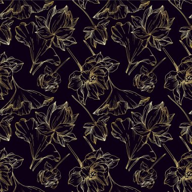 Vektör Lotus çiçek botanik çiçekler. Siyah ve beyaz oyulmuş mürekkep sanatı. Kesintisiz arka plan deseni.