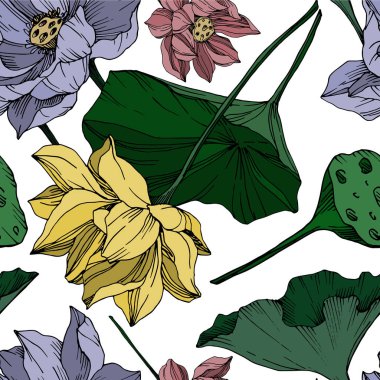 Vektör Lotus çiçek botanik çiçekler. Siyah ve beyaz oyulmuş mürekkep sanatı. Kesintisiz arka plan deseni.