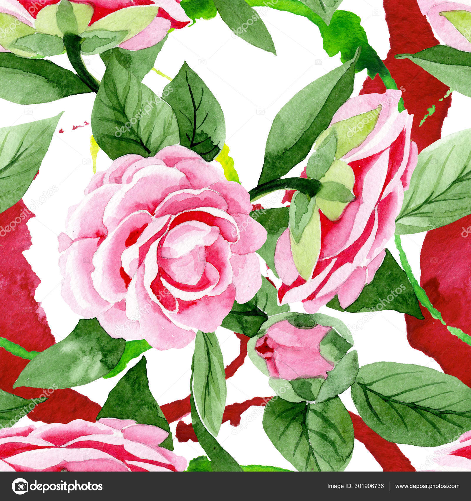 ピンクツバキの花の植物の花 水彩背景イラストセット シームレスな背景パターン ストック写真 C Mystocks