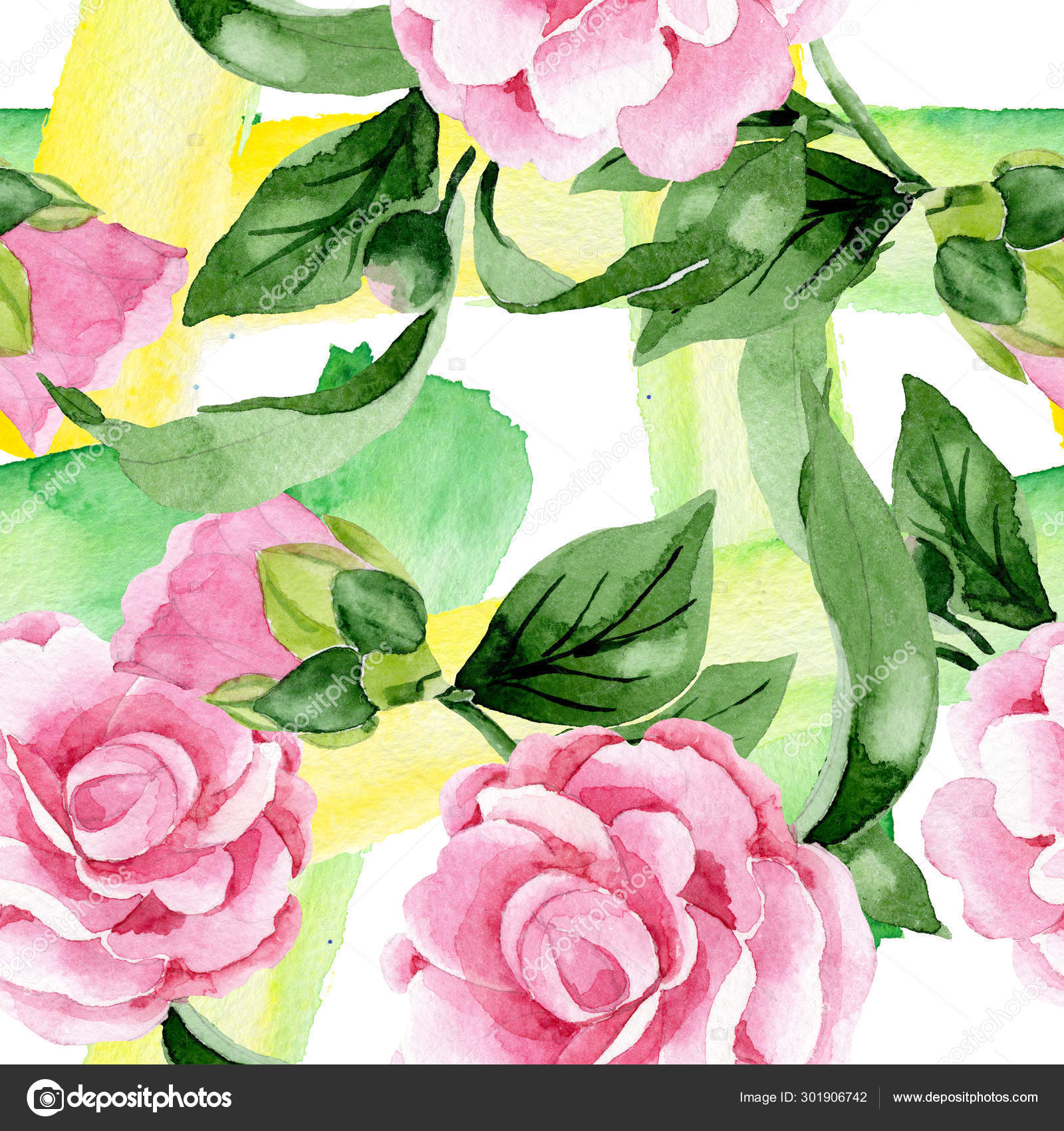 ピンクツバキの花の植物の花 水彩背景イラストセット シームレスな背景パターン ストック写真 C Mystocks