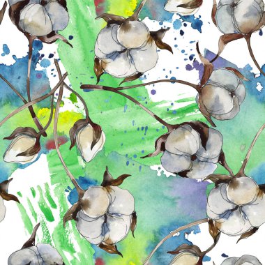 Beyaz pamuk çiçek botanik çiçekler. Suluboya illüstrasyon seti. Kesintisiz arka plan deseni.