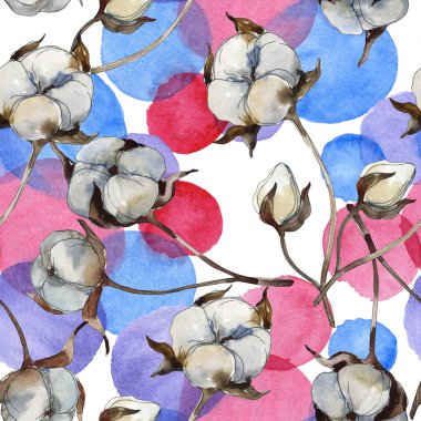 Beyaz pamuk çiçek botanik çiçekler. Suluboya illüstrasyon seti. Kesintisiz arka plan deseni.