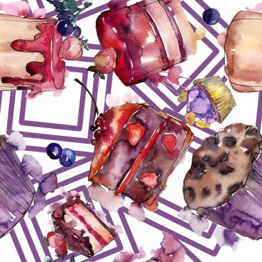 Lezzetli pasta ve çörek suluboya tarzında. Suluboya resim ayarlayın. Sorunsuz arka plan deseni.