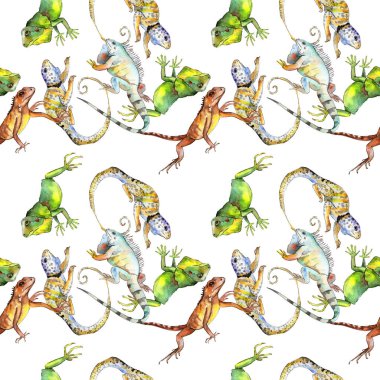 Egzotik iguana vahşi hayvan. Suluboya arka plan illüstrasyon seti. Kesintisiz arka plan deseni.