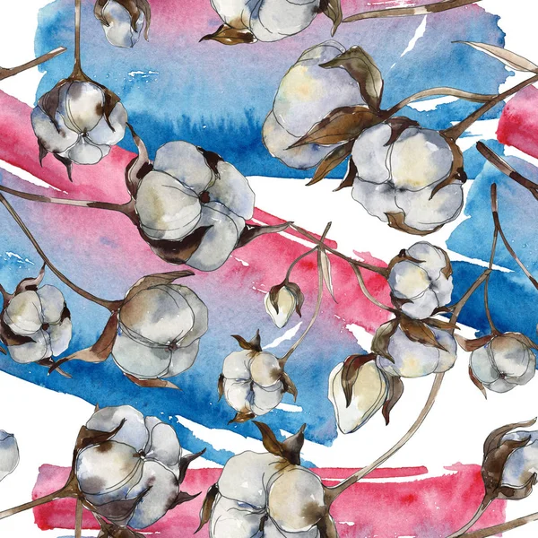Beyaz pamuk çiçek botanik çiçekler. Suluboya illüstrasyon seti. Kesintisiz arka plan deseni.